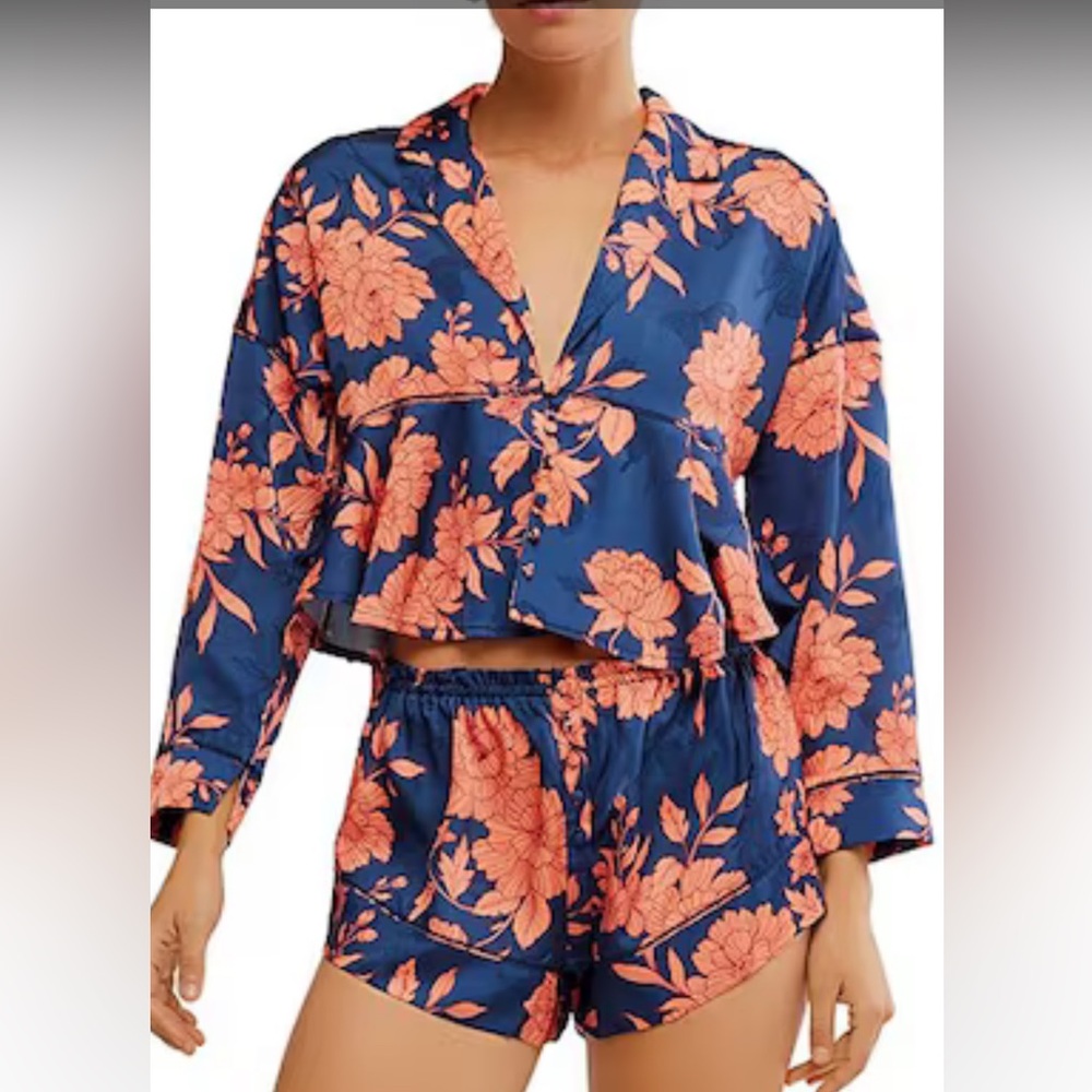 🆕 FREE PEOPLE Beauty Sleep Short PJ Set /Cerulean Combo sz S
